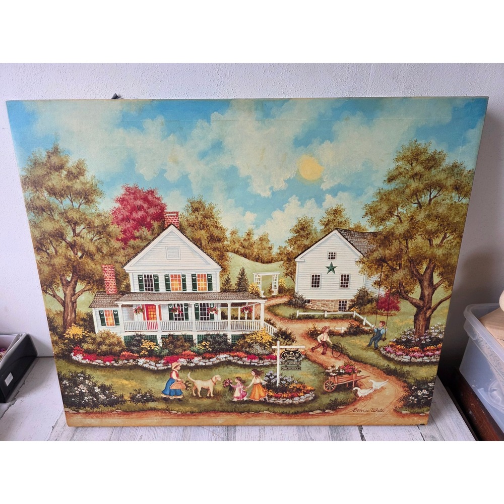 Bonnie white canvas print cottagecore house scene dog family hanging picture